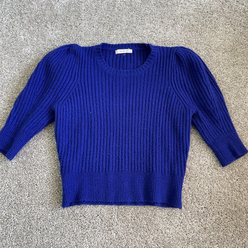 Lucky YY Sweater Womens Small Blue Crew Neck Puff 3/4 Sleeve Chunky Knit - Picture 1 of 9